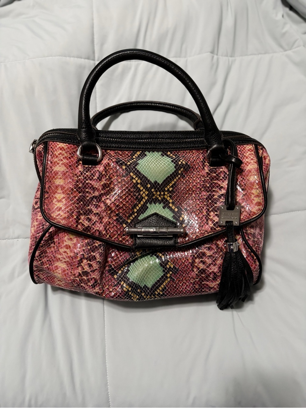 Aimee Kestenberg Pink and Mint Snake-Print Satchel with Black Trim